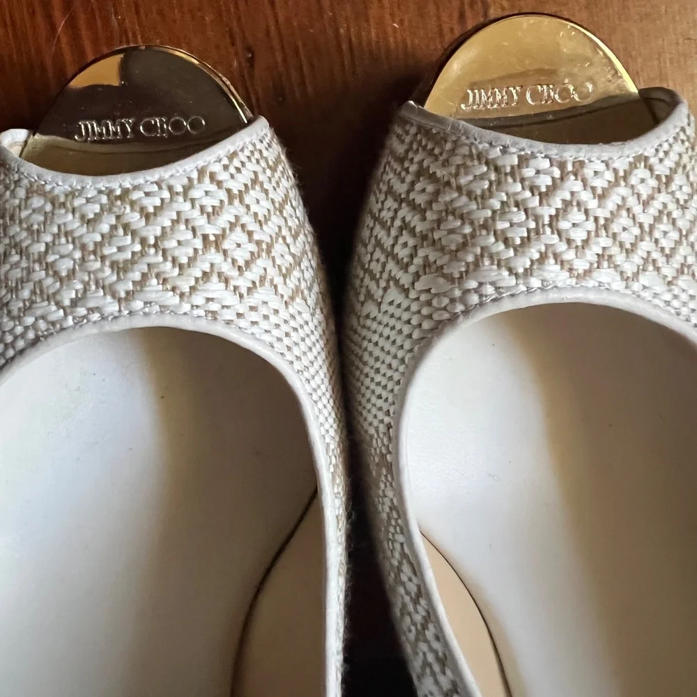 Jimmy Choo White and Natural Cork Woven Peep-Toe Wedge Sandals
